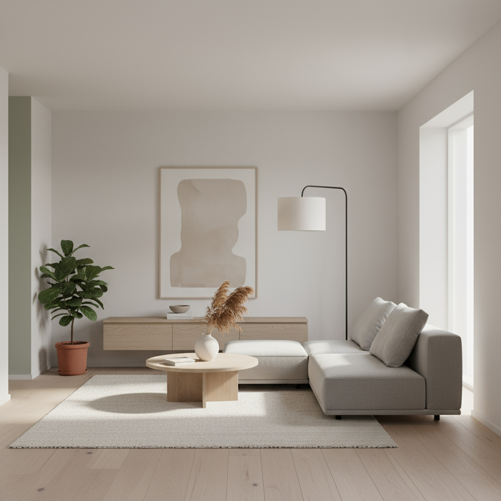 Bright minimalist living room with neutral palette and clean lines