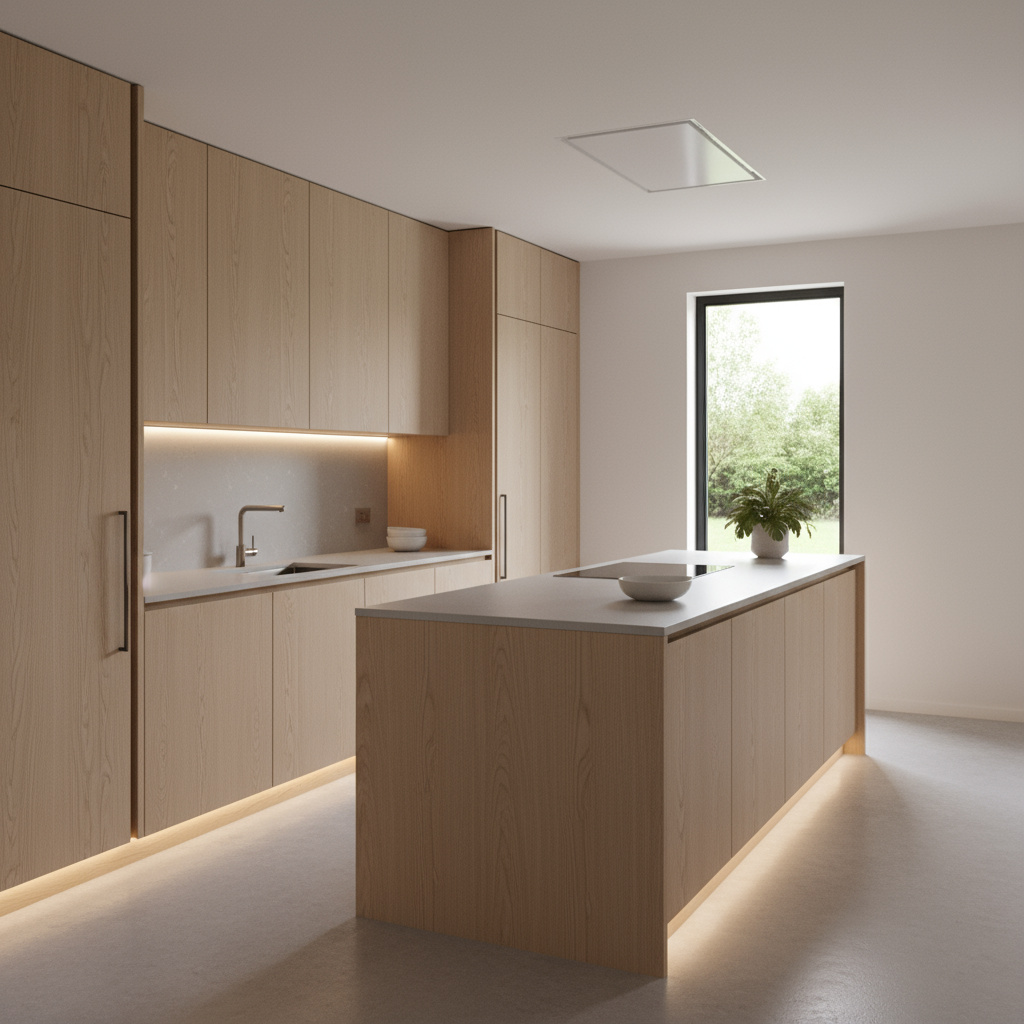 Minimalist kitchen with streamlined cabinetry and integrated lighting