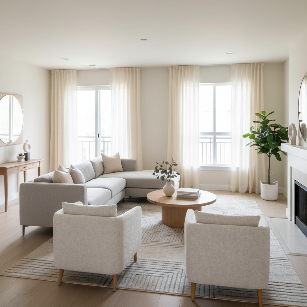 Staged living area for resale, neutral styling and clear circulation