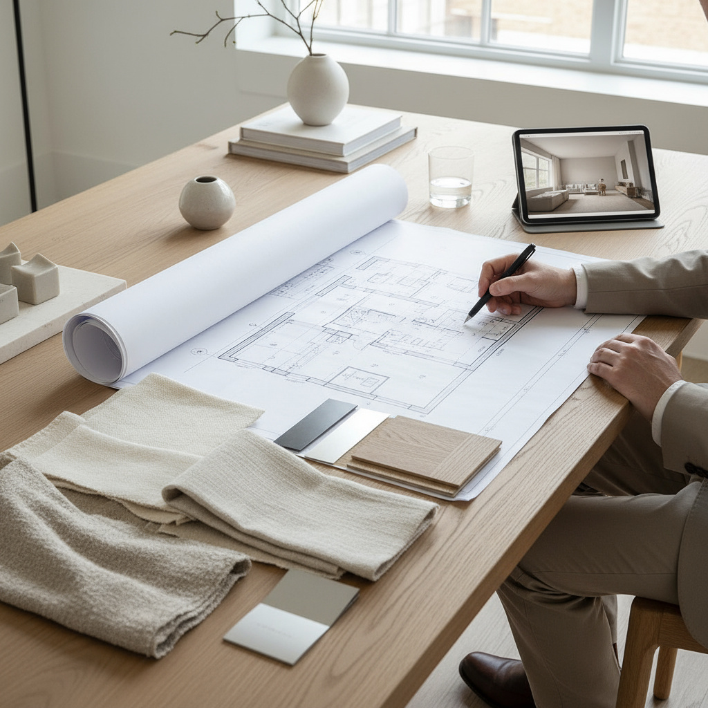 Designer reviewing floor plans and samples