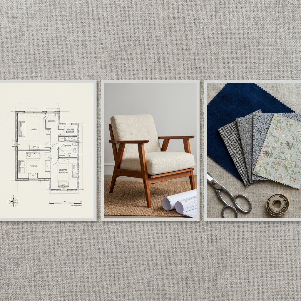 Collage of floor plan, furniture sample, and textiles