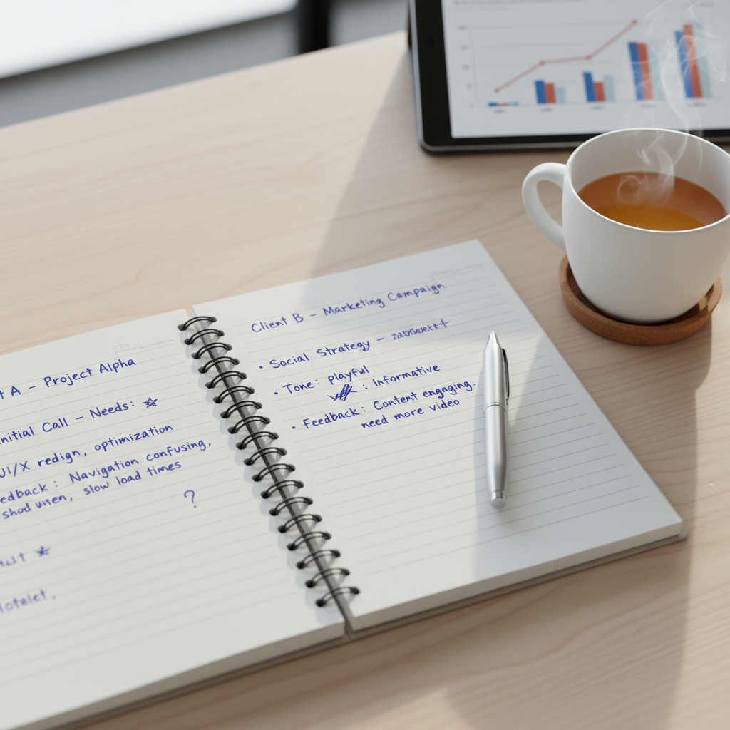 Notebook with client notes on a clean desk